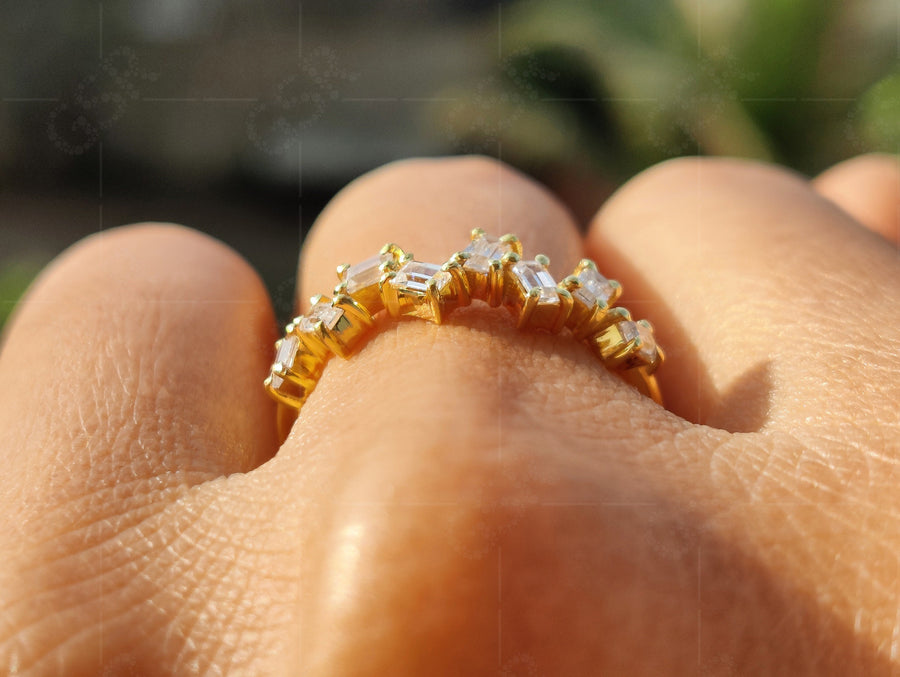 Elegance in Fusion: Baguette Moissanite Cluster Ring, Silver & Yellow Gold Stackable – A Delicate Promise Ring for Her