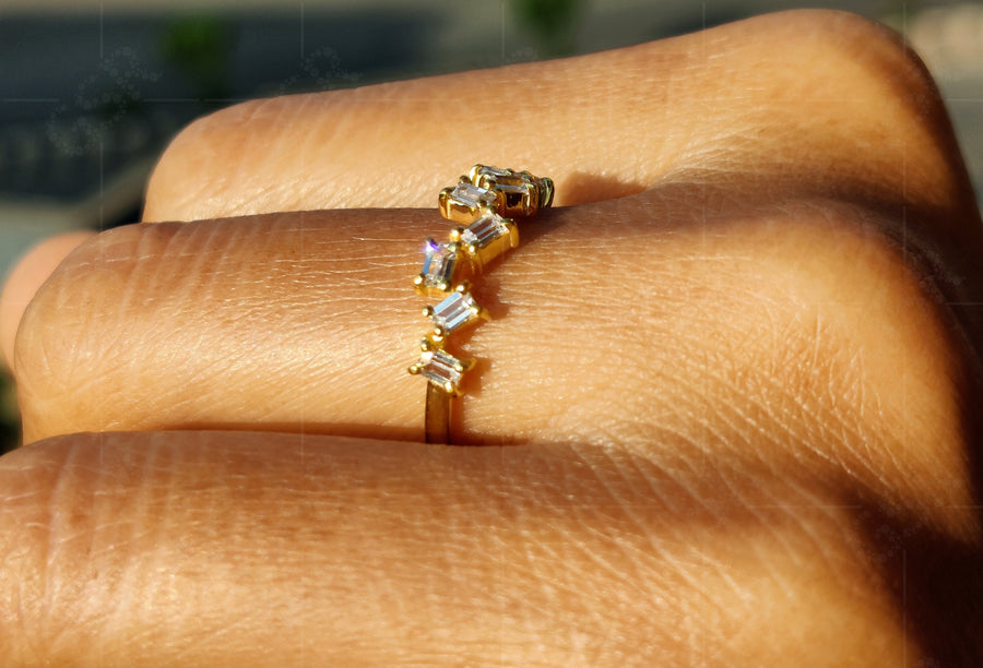 Elegance in Fusion: Baguette Moissanite Cluster Ring, Silver & Yellow Gold Stackable – A Delicate Promise Ring for Her