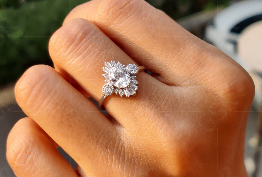 Oval Moissanite Starburst Halo Engagement Ring: A Vintage Art Deco Marvel in Silver and Gold, Perfect for Timeless Elegance