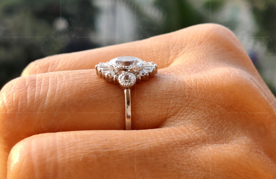 Oval Moissanite Starburst Halo Engagement Ring: A Vintage Art Deco Marvel in Silver and Gold, Perfect for Timeless Elegance