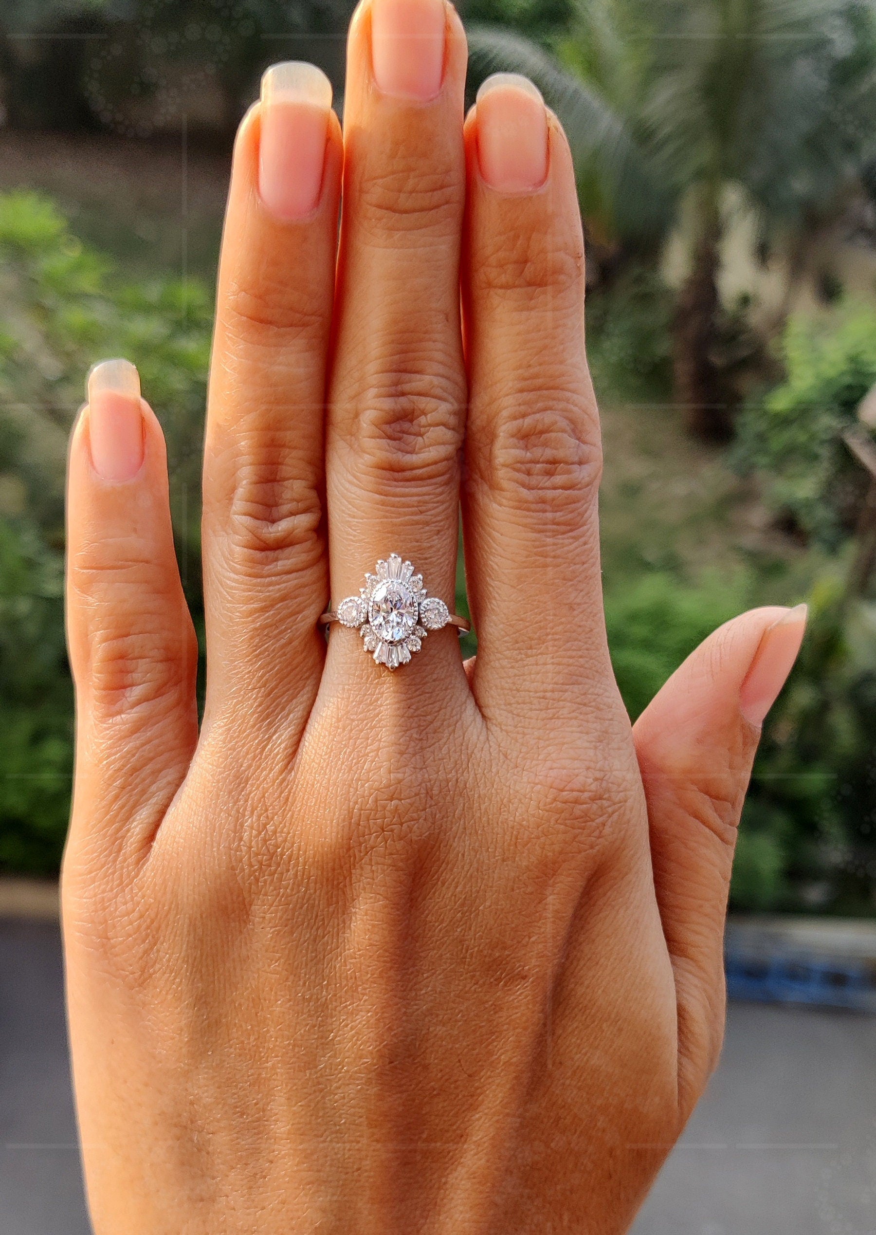 Oval Moissanite Starburst Halo Engagement Ring: A Vintage Art Deco Marvel in Silver and Gold, Perfect for Timeless Elegance