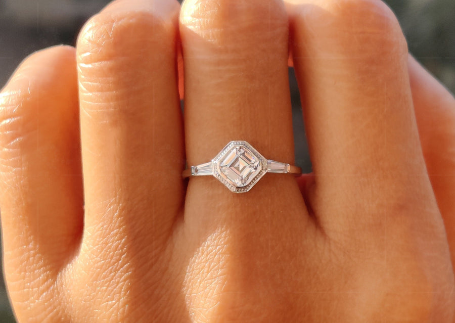 Elegant 3 Stone Vintage Art Deco Engagement Ring - Asscher & Tapered Baguette Moissanite Beauty - Silver and Gold Minimalist Dainty Wedding Ring