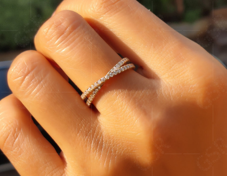 Radiant Union: Silver and Gold X Ring - A Criss Cross Wedding Ring, a Minimalist Marvel, and an X-Shaped Moissanite Ring Creating an Exquisite Overlapping Criss-Cross Statement Ring