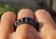 Aquamarine Eternity Ring / 9 mm Wide Black Silver Gothic Skull Wedding Band / Gemstone Birthstone Ring / Full Eternity Band for Men & Women