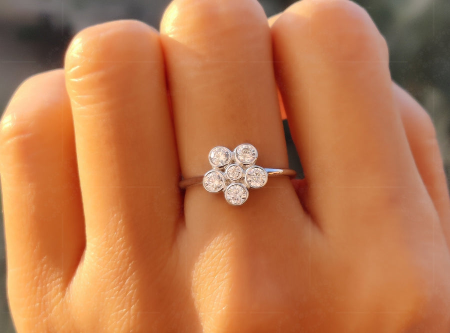 6 Stone Flower Cluster Moissanite Ring - Round Floral Engagement Ring in Silver and Gold - Minimalist Dainty Wedding Ring