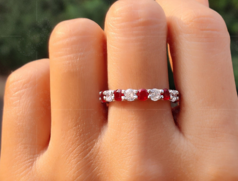 Red Ruby and Moissanite Diamond Full Eternity Wedding Band for Women - Shared Prong Anniversary Ring for Her