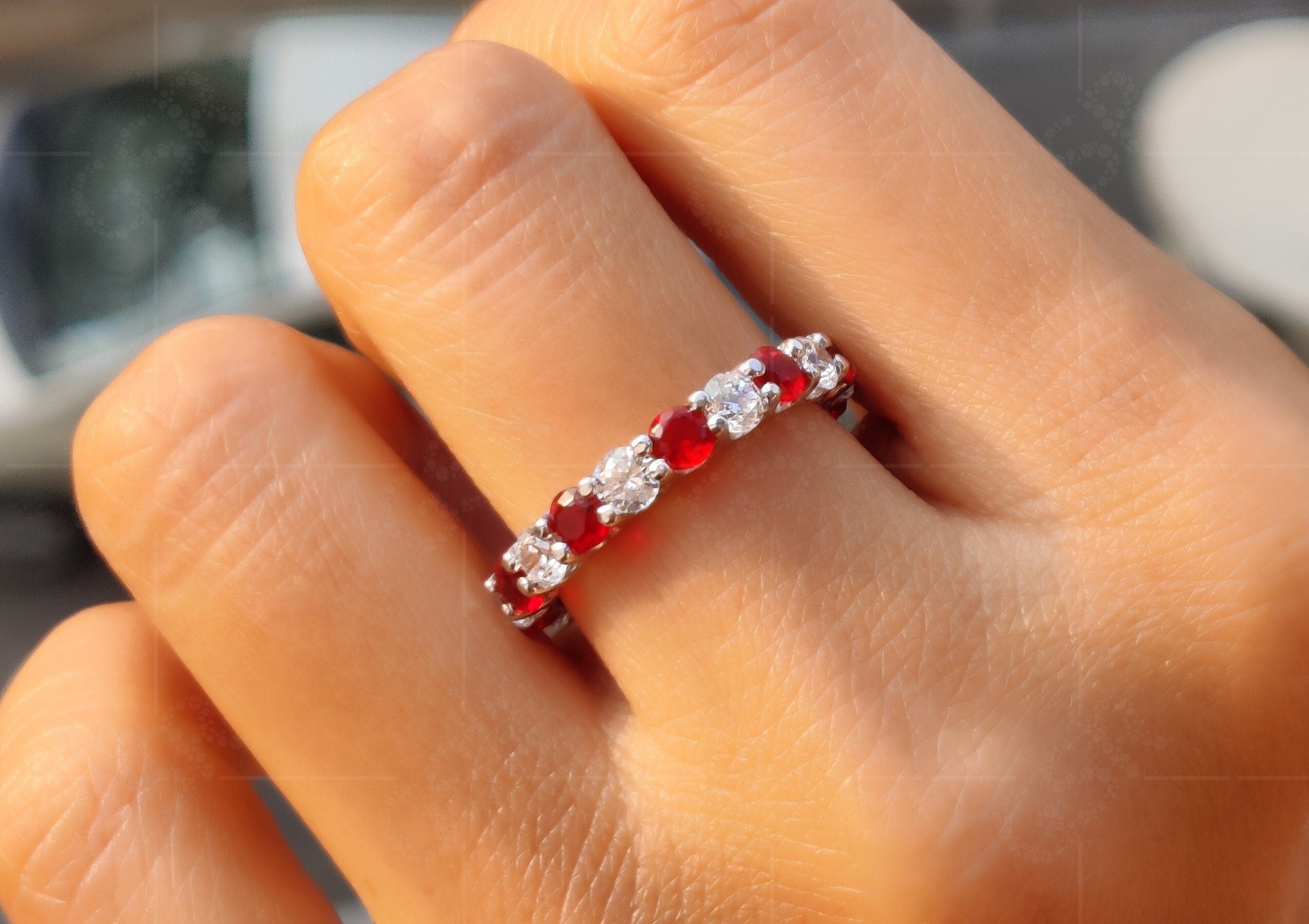 Red Ruby and Moissanite Diamond Full Eternity Wedding Band for Women - Shared Prong Anniversary Ring for Her