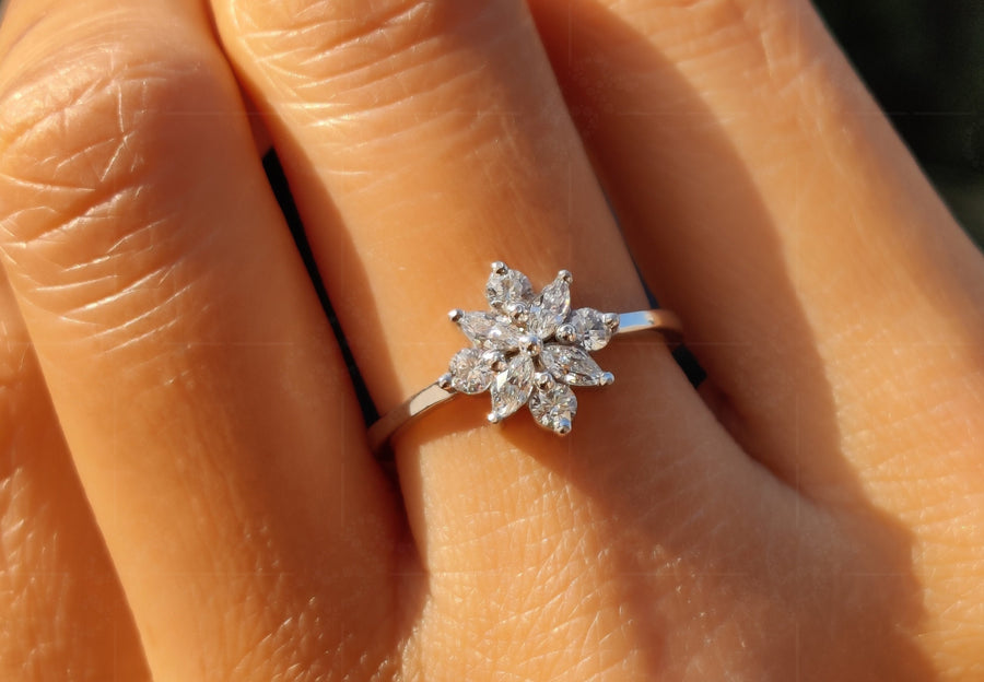 Exquisite Cluster Ring - Round Moissanite Floral Engagement Ring in Silver and Gold. A Stunning Cluster Minimalist Ring, Ideal as a Dainty Wedding Ring or a Beautiful Ring for Women