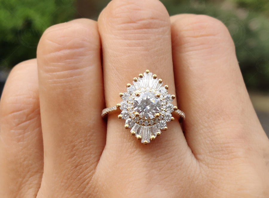 Starburst Engagement Ring / 14K Gold Ring / Halo Snowflake Ring / Baguette Starburst Ring / Cluster Ring / Antique Art Deco / Gift for Her