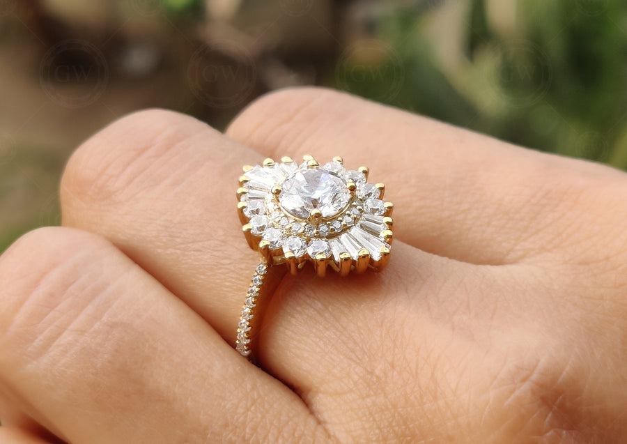 Starburst Engagement Ring / 14K Gold Ring / Halo Snowflake Ring / Baguette Starburst Ring / Cluster Ring / Antique Art Deco / Gift for Her