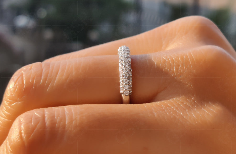 Three Row Micropavé Moissanite Diamond Eternity Wedding Band: Silver and Gold Half Eternity Ring for Her