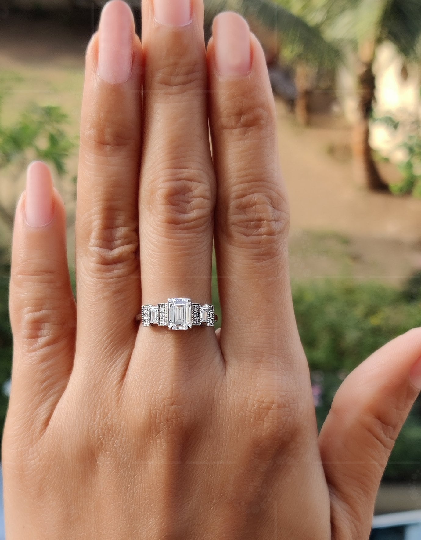 Elegant Vintage Art Deco Engagement Ring - Emerald Cut Moissanite Gold Beauty - Silver and Gold Stackable Ring, Perfect Dainty and Minimalist Gold Ring