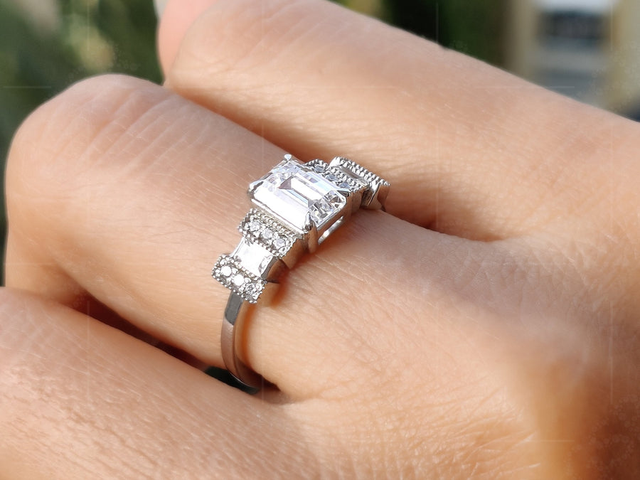 Elegant Vintage Art Deco Engagement Ring - Emerald Cut Moissanite Gold Beauty - Silver and Gold Stackable Ring, Perfect Dainty and Minimalist Gold Ring