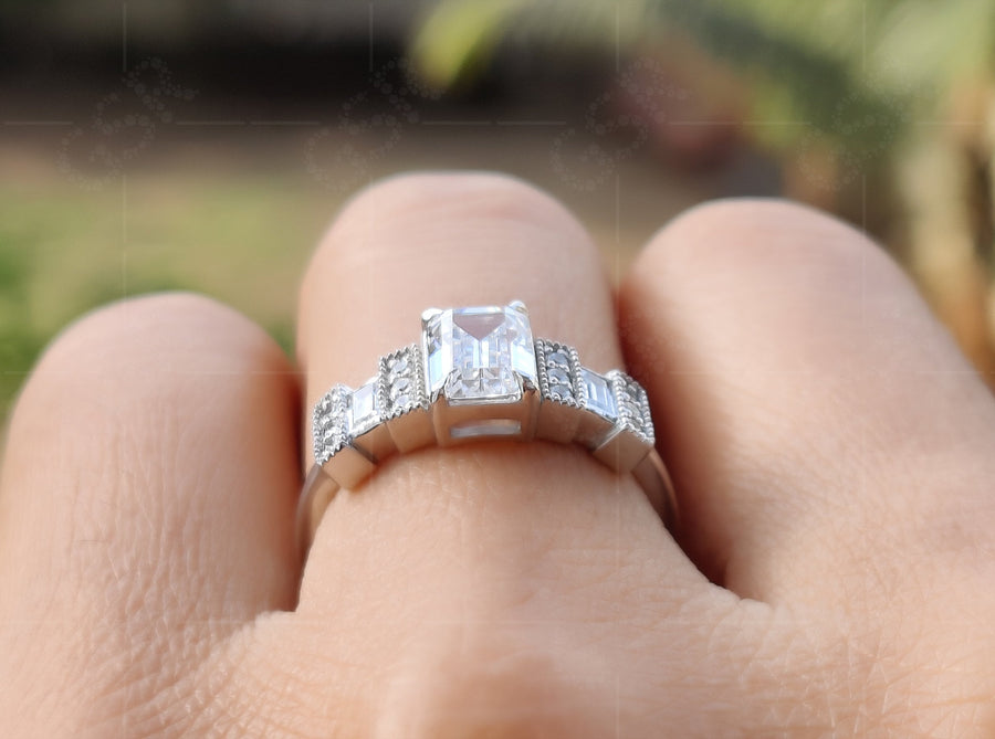 Elegant Vintage Art Deco Engagement Ring - Emerald Cut Moissanite Gold Beauty - Silver and Gold Stackable Ring, Perfect Dainty and Minimalist Gold Ring