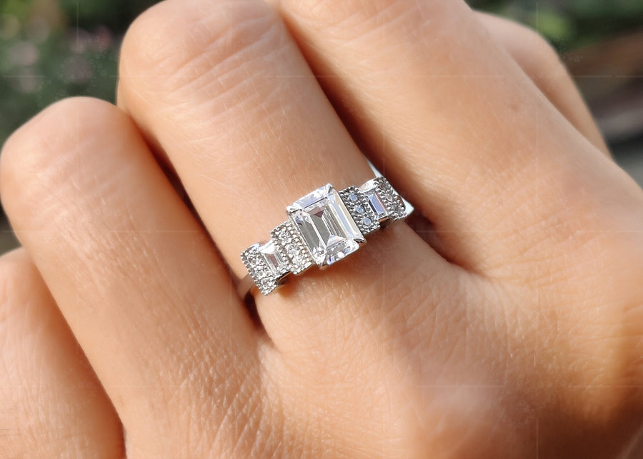 Elegant Vintage Art Deco Engagement Ring - Emerald Cut Moissanite Gold Beauty - Silver and Gold Stackable Ring, Perfect Dainty and Minimalist Gold Ring