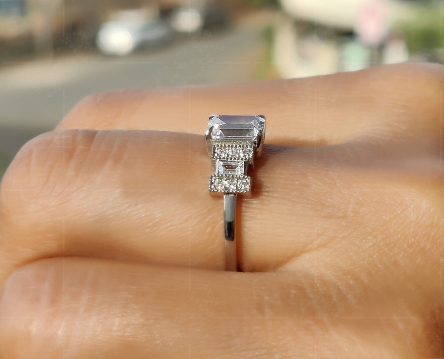 Elegant Vintage Art Deco Engagement Ring - Emerald Cut Moissanite Gold Beauty - Silver and Gold Stackable Ring, Perfect Dainty and Minimalist Gold Ring