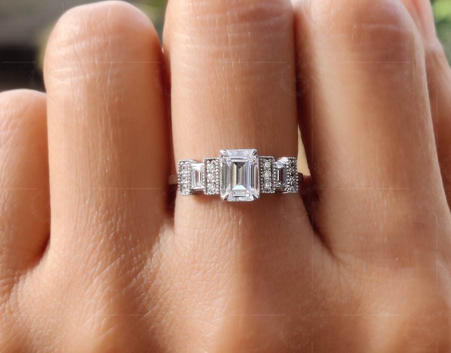 Elegant Vintage Art Deco Engagement Ring - Emerald Cut Moissanite Gold Beauty - Silver and Gold Stackable Ring, Perfect Dainty and Minimalist Gold Ring