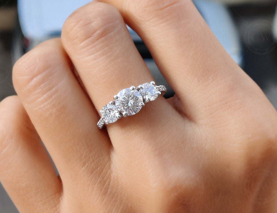 Three 3 Stone Round Moissanite Diamond 14k Gold Engagement Ring For Women
