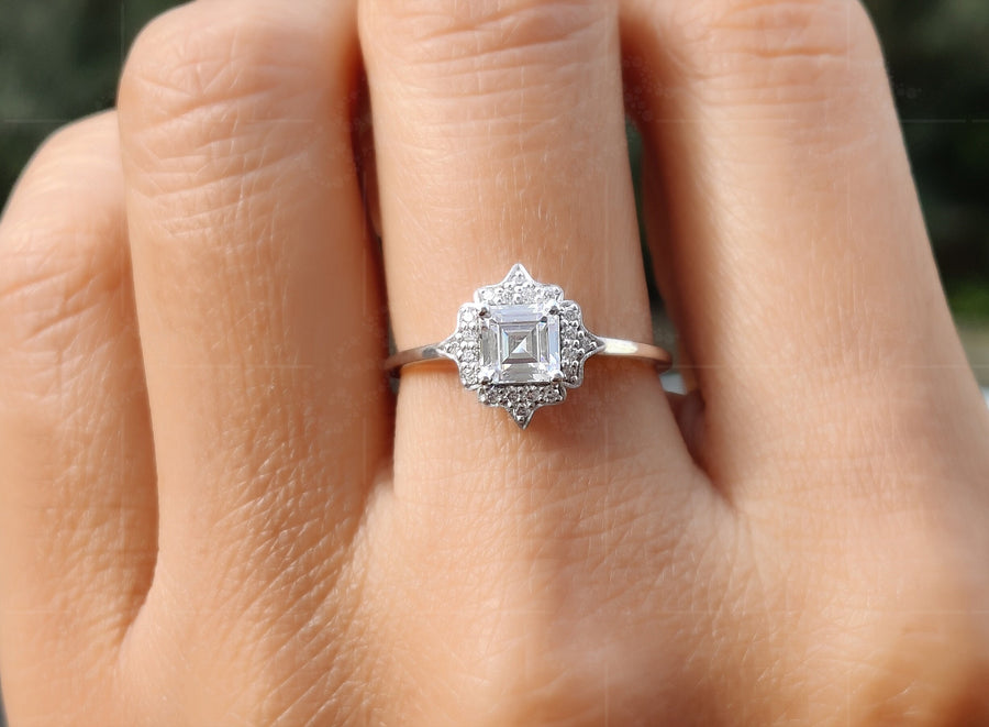 Elegant Vintage Art Deco Engagement Ring - Asscher Cut Moissanite Beauty - Silver and Gold Stackable Ring, a Dainty and Minimalist Gold Ring