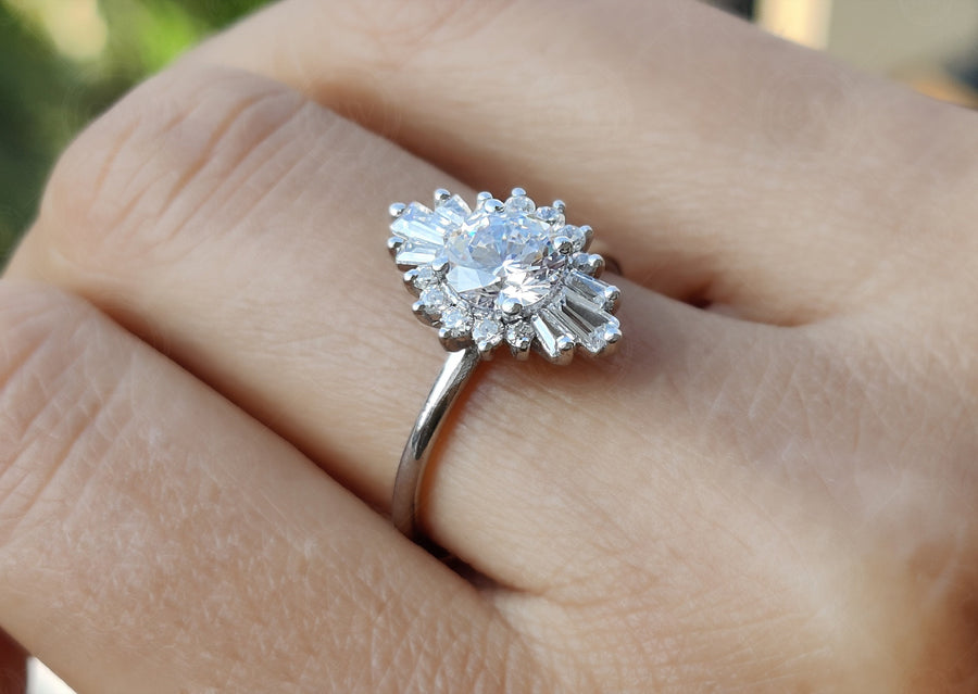 Vintage Inspired Engagement Ring, Art Deco Baguette Sunburst Ring, Round Moissanite Halo Ring, Unique Promise Rings For Women, Gold Ring