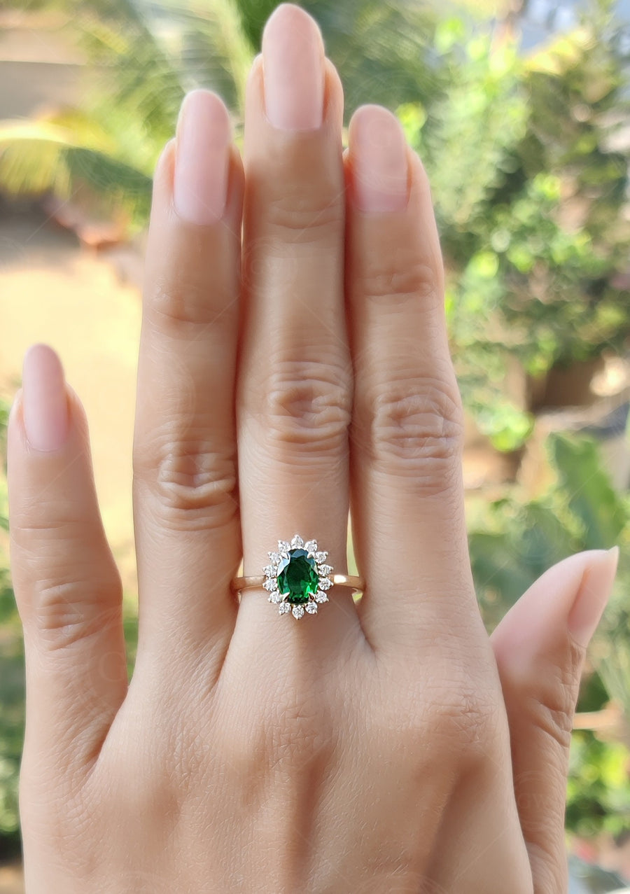 Emerald Halo Engagement Ring, Green Gemstone Rings For Women, May Birthstone Ring, Oval Emerald Halo Ring Gold Anniversary Ring Promise Ring