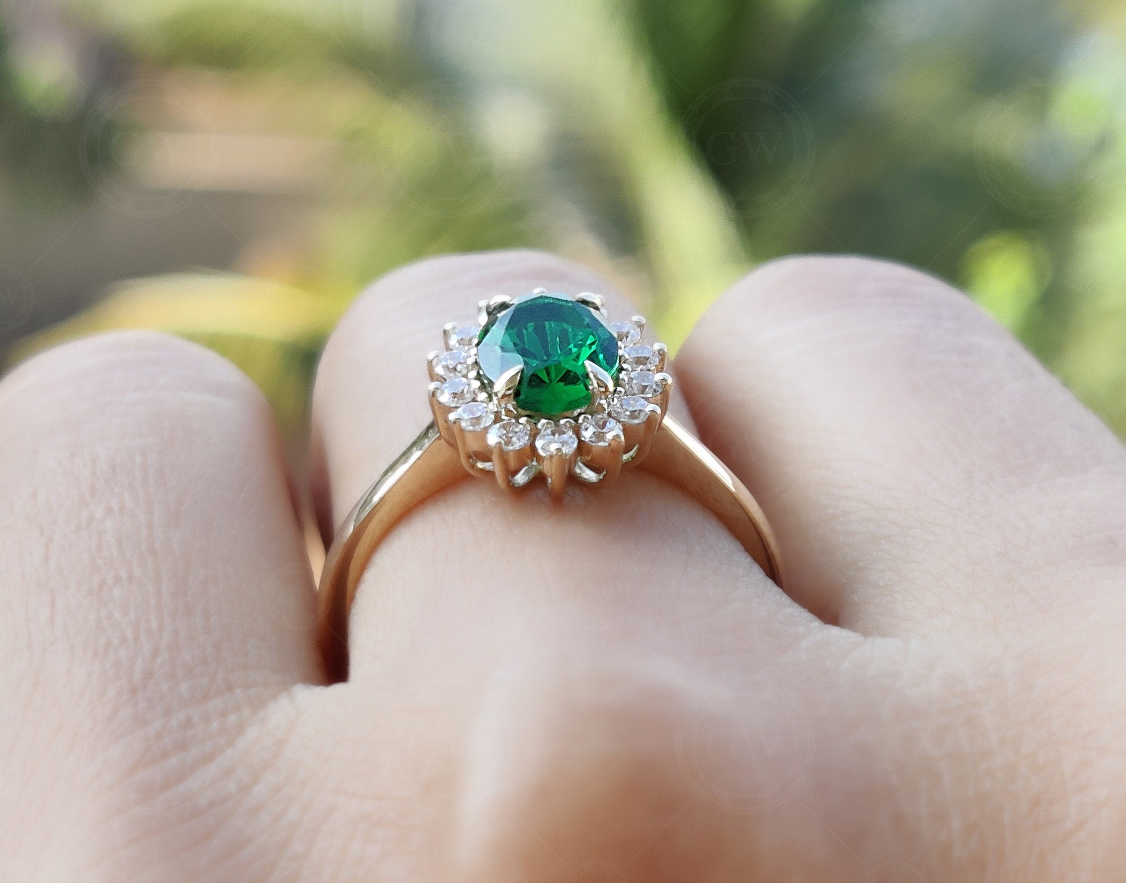 Emerald Halo Engagement Ring, Green Gemstone Rings For Women, May Birthstone Ring, Oval Emerald Halo Ring Gold Anniversary Ring Promise Ring