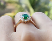 Emerald Halo Engagement Ring, Green Gemstone Rings For Women, May Birthstone Ring, Oval Emerald Halo Ring Gold Anniversary Ring Promise Ring