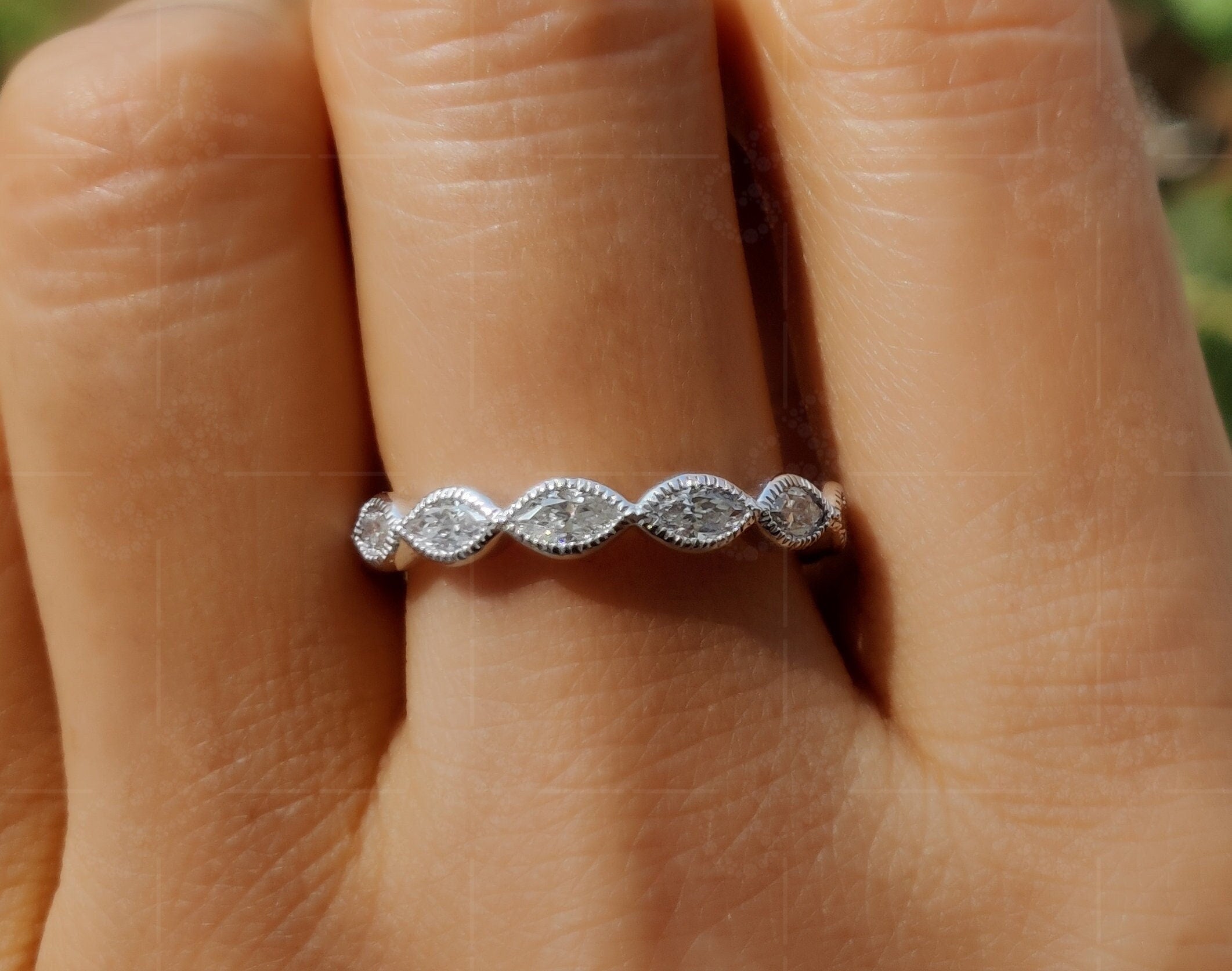 Milgrain Marquise Cut Full Eternity Band: A Dazzling Moissanite Wedding Band for Women, Perfect for Stacking and Promises