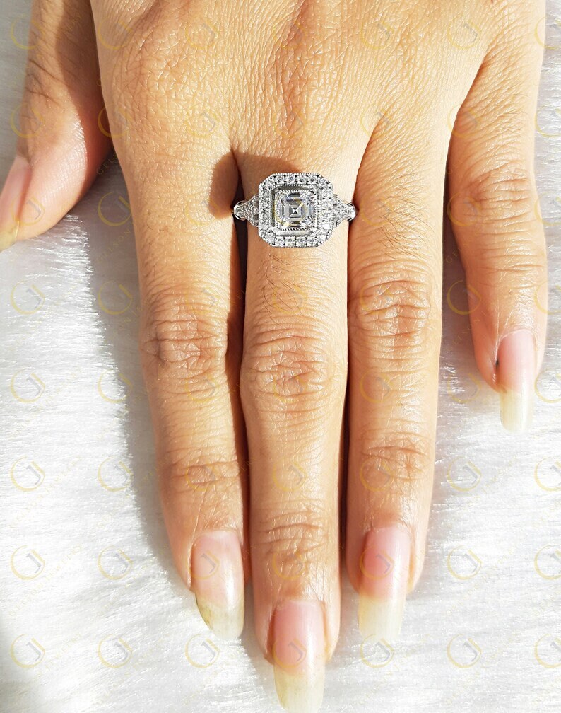 Asscher Cut Halo Engagement Ring, Art Deco Moissanite Ring, Vintage Inspired Ring, Estate Jewelry Rings For Women, Gold Milgrain Bezel Ring