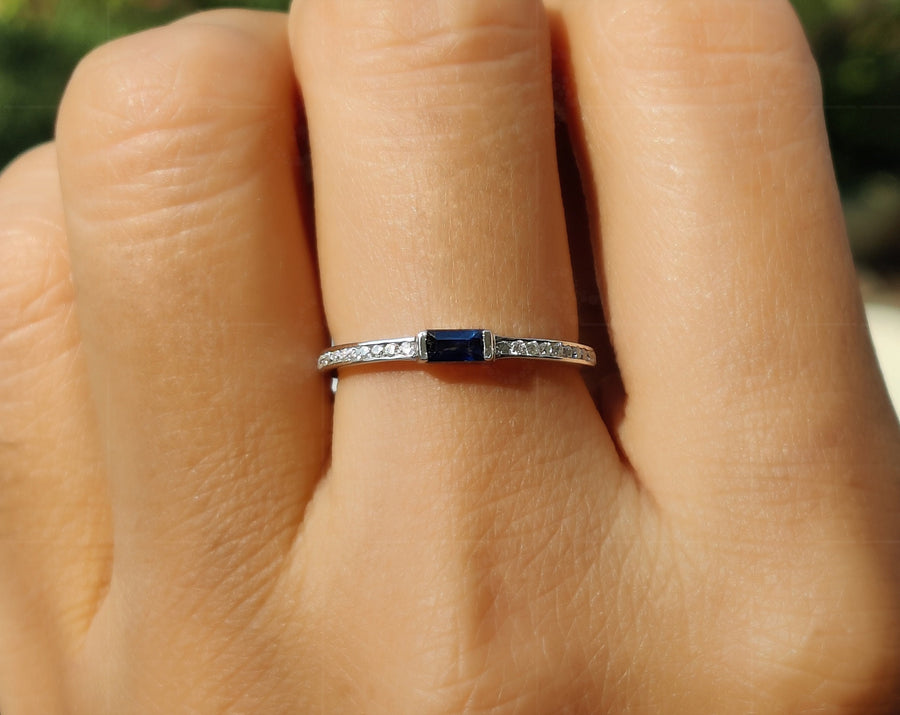 Sapphire Splendor: Minimalist Gold Baguette Stacking Ring - Dainty September Birthstone Beauty - Blue Gemstone Elegance for Women