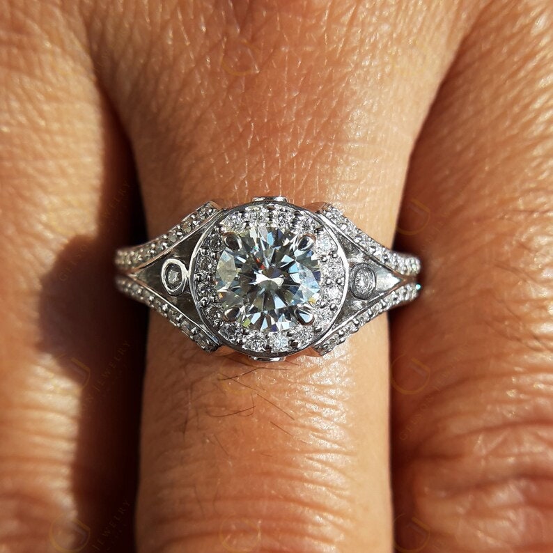 Art Deco Style Moissanite Ring Women, Vintage Round Halo Engagement Ring, Split Shank Ring, Unique Simulate Diamond Ring For Engagement