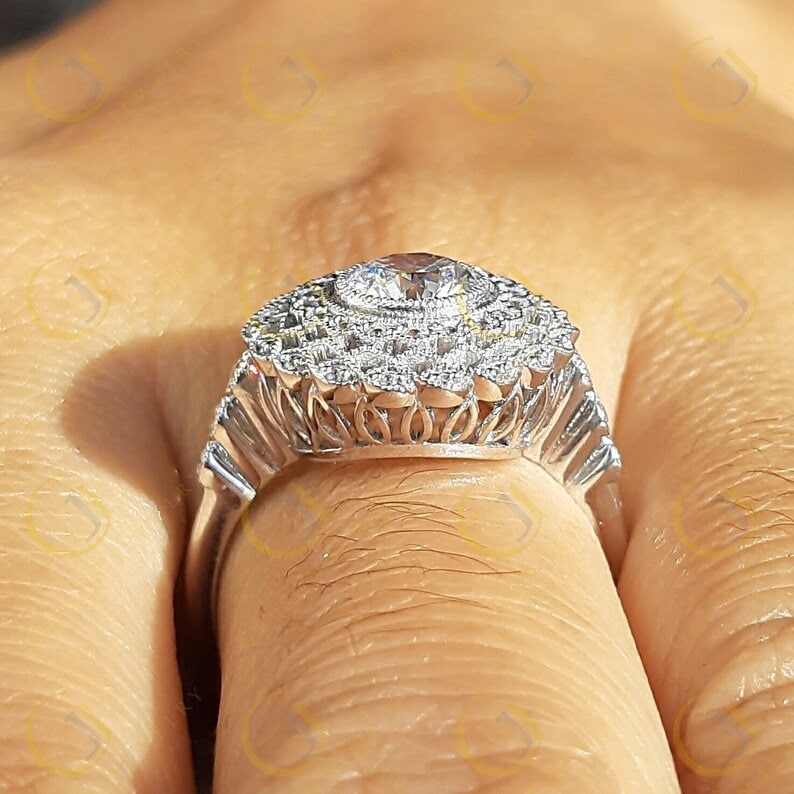 Moissanite Edwardian Ring, Big Cocktail Ring, Vintage Filigree Ring, Art Deco Engagement Ring, White Gold Vintage Ring, Unique Rings Women