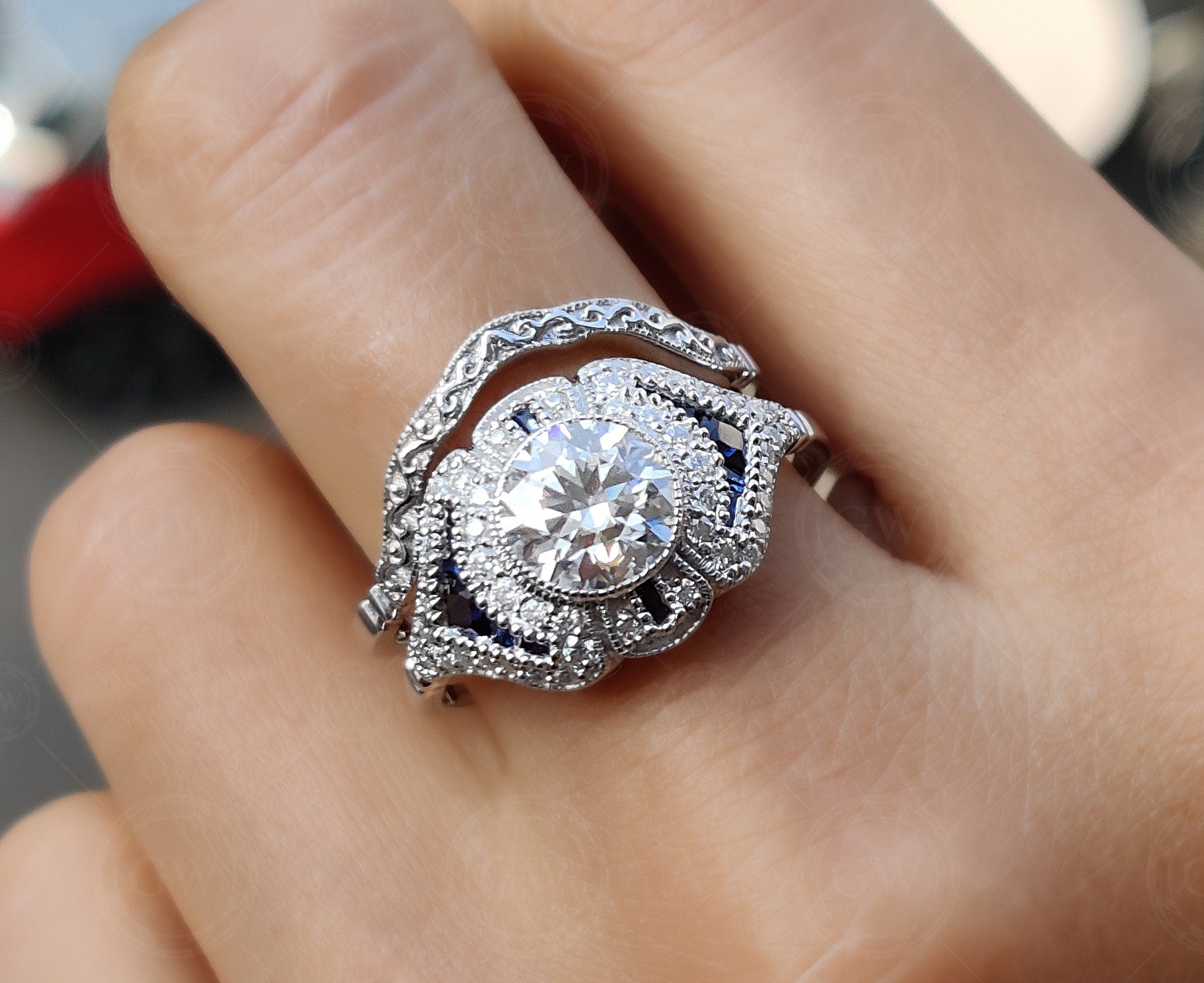 Estate Jewelry Ring Set, Art Deco Bridal Ring Sets For Women, Moissanite Vintage Engagement Ring Set, Gold Antique Bridal Set, Carving Band
