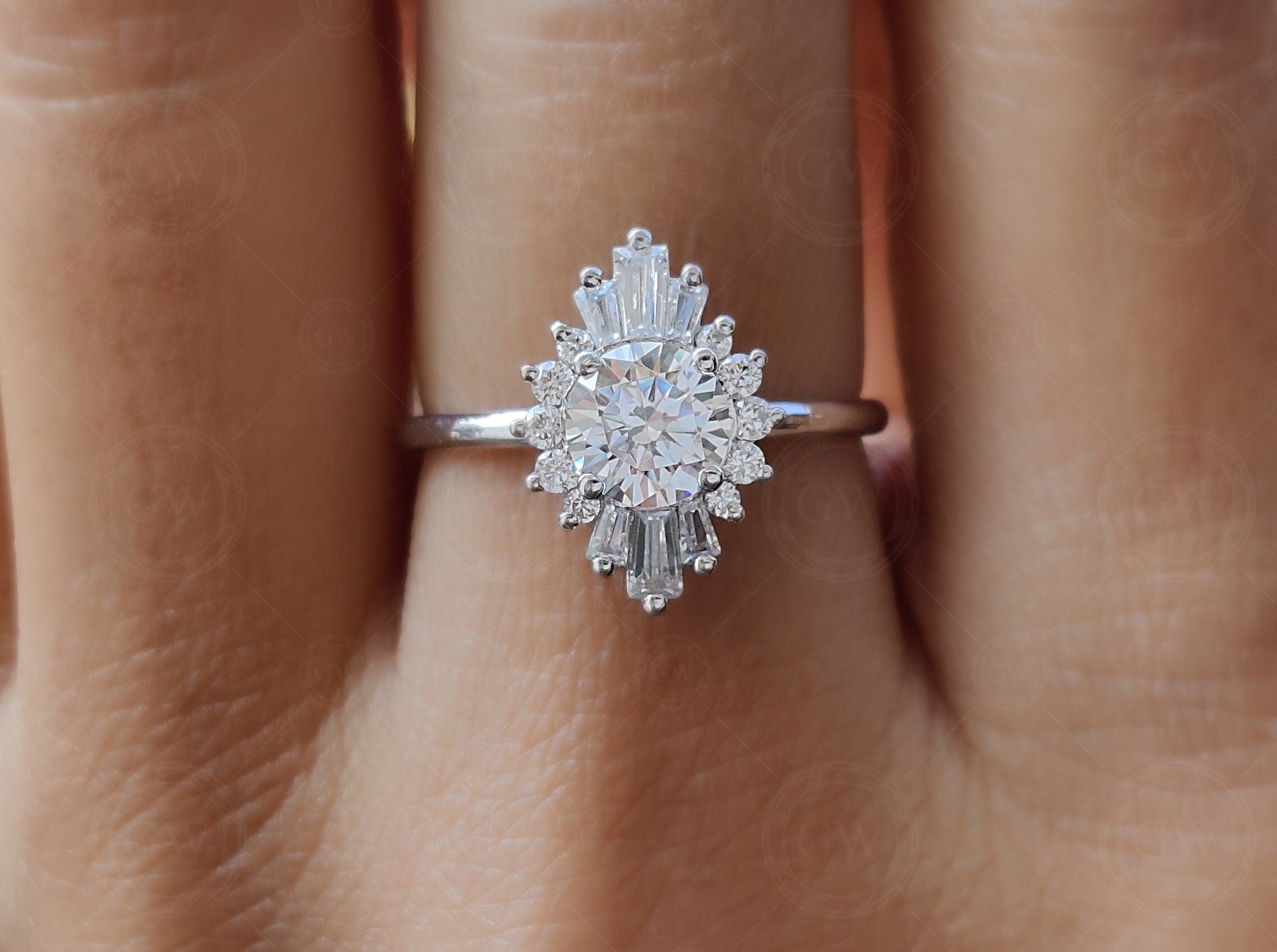 Vintage Inspired Engagement Ring, Art Deco Baguette Sunburst Ring, Round Moissanite Halo Ring, Unique Promise Rings For Women, Gold Ring