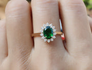 Emerald Halo Engagement Ring, Green Gemstone Rings For Women, May Birthstone Ring, Oval Emerald Halo Ring Gold Anniversary Ring Promise Ring