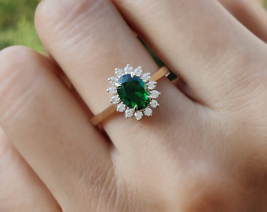 Emerald Halo Engagement Ring, Green Gemstone Rings For Women, May Birthstone Ring, Oval Emerald Halo Ring Gold Anniversary Ring Promise Ring