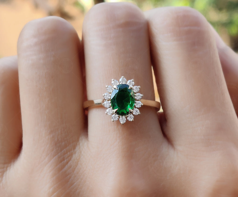 Emerald Halo Engagement Ring, Green Gemstone Rings For Women, May Birthstone Ring, Oval Emerald Halo Ring Gold Anniversary Ring Promise Ring