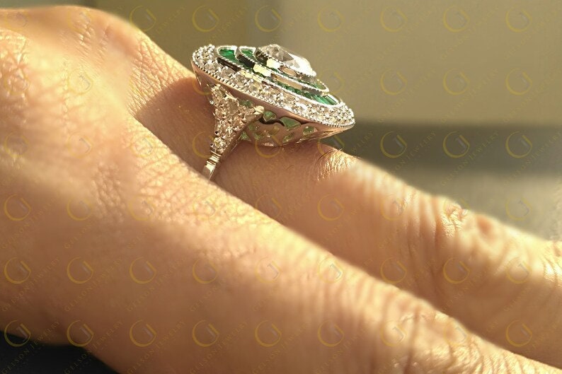 Moissanite Estate Jewelry Ring, Large Cocktail Ring, Art Deco Vintage Engagement Ring, Emerald Target Ring, Gold Estate Rings For Women