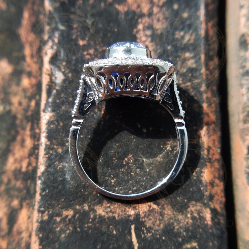 Sapphire Target Ring, Double Halo Engagement Ring, Vintage Milgrain Ring, Unique Art Deco Ring For Women, Moissanite Bezel Set Round Ring