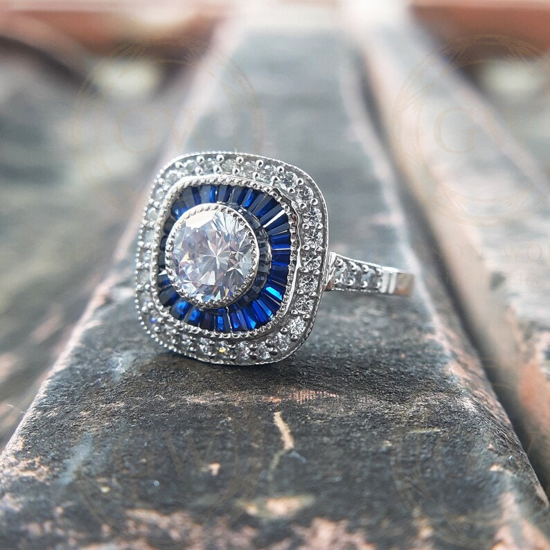 Sapphire Target Ring, Double Halo Engagement Ring, Vintage Milgrain Ring, Unique Art Deco Ring For Women, Moissanite Bezel Set Round Ring