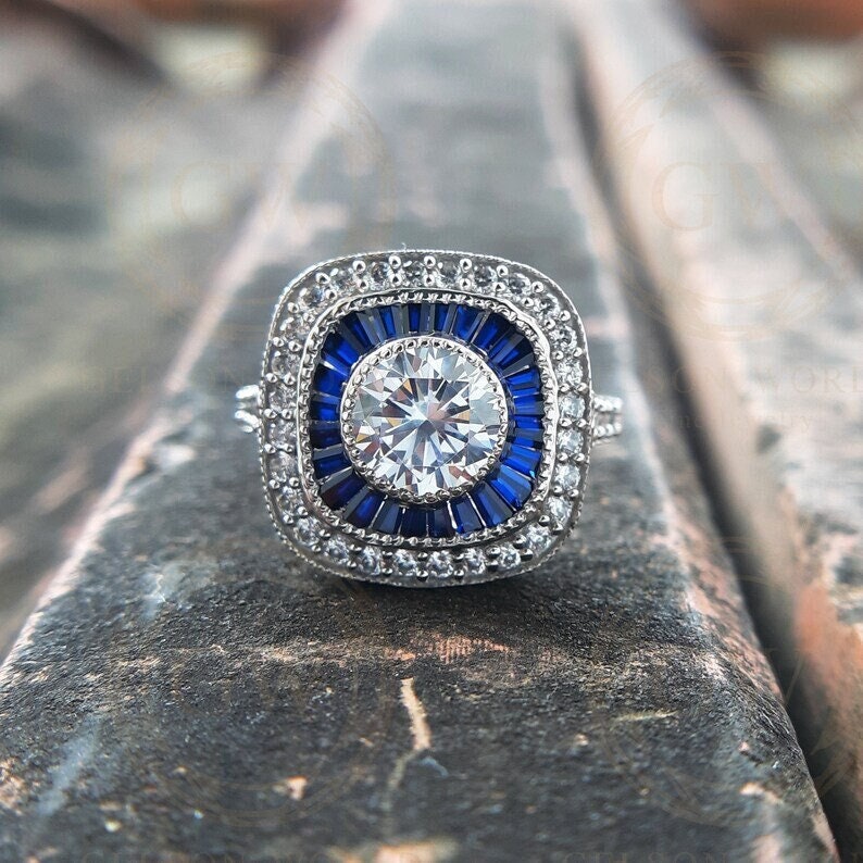 Sapphire Target Ring, Double Halo Engagement Ring, Vintage Milgrain Ring, Unique Art Deco Ring For Women, Moissanite Bezel Set Round Ring