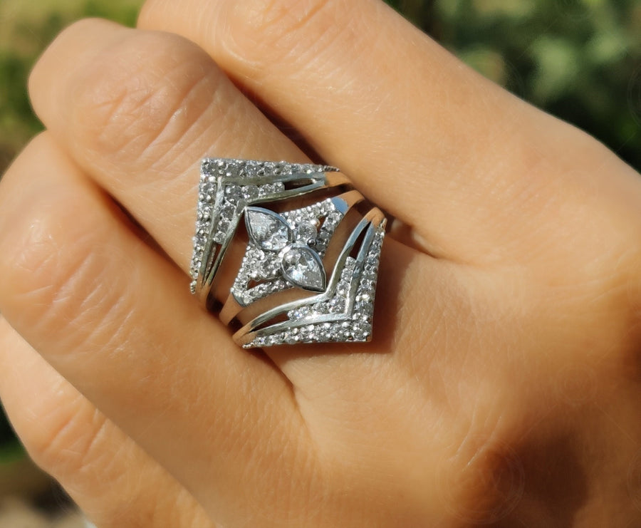 Double V Shaped Enhancer Wedding Ring Set, Unique Bridal Engagement Ring Jacket, Moissanite Ring Enhancers And Wraps, Large Womens Ring Set