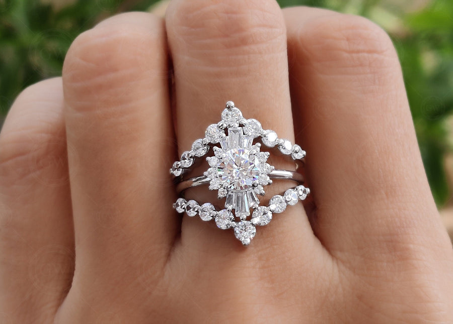 Sunburst Ring Enhancer Set, Unique Moissanite Engagement Ring With Enhancer, Wedding Ring Set For Women, Ring Jacket, Ring Guard Bridal Sets