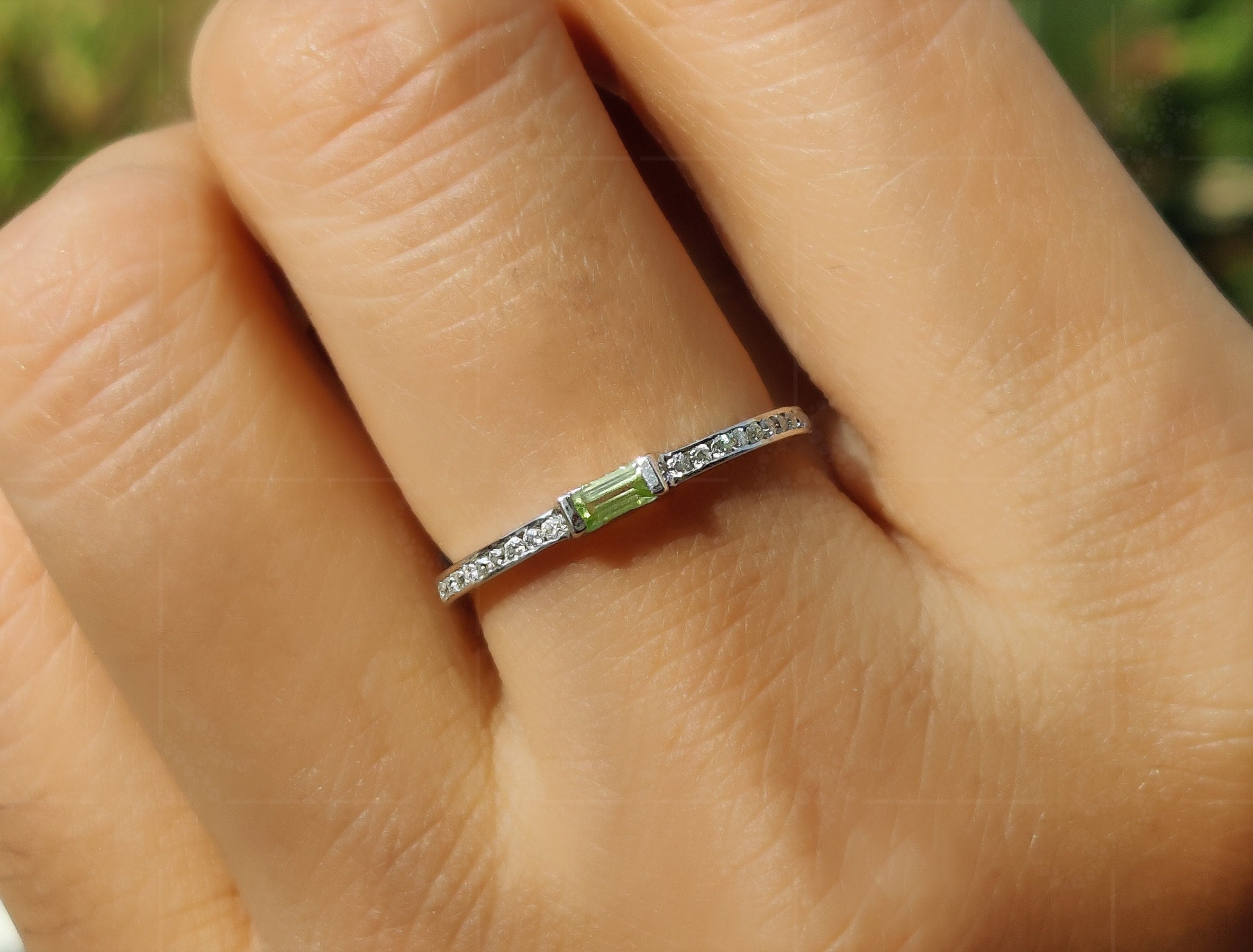 Elegant Simplicity: Dainty Peridot Ring - August Birthstone Beauty in a Gold Stacking Baguette Ring, a Minimalist Delight for Women's Delicate Jewelry Collection