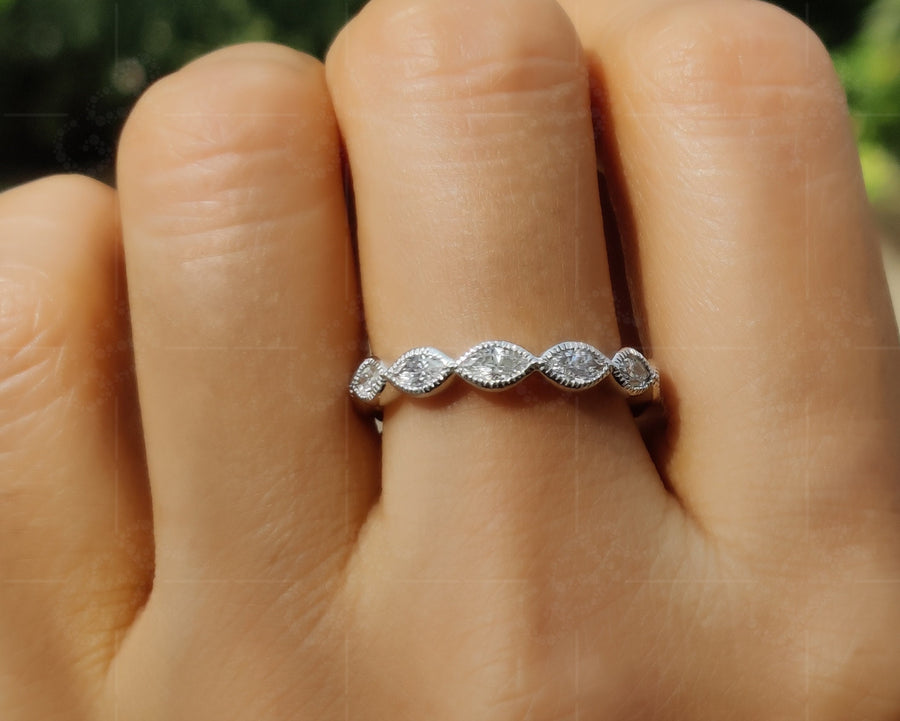 Milgrain Marquise Cut Full Eternity Band: A Dazzling Moissanite Wedding Band for Women, Perfect for Stacking and Promises