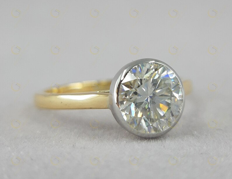 Two Tone Moissanite Engagement Ring, Bezel Set Round Solitaire Ring, White And Yellow Gold Ring, Classic Wedding Ring For Women Rubover Ring