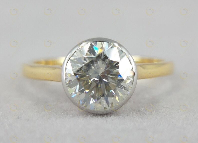 Two Tone Moissanite Engagement Ring, Bezel Set Round Solitaire Ring, White And Yellow Gold Ring, Classic Wedding Ring For Women Rubover Ring