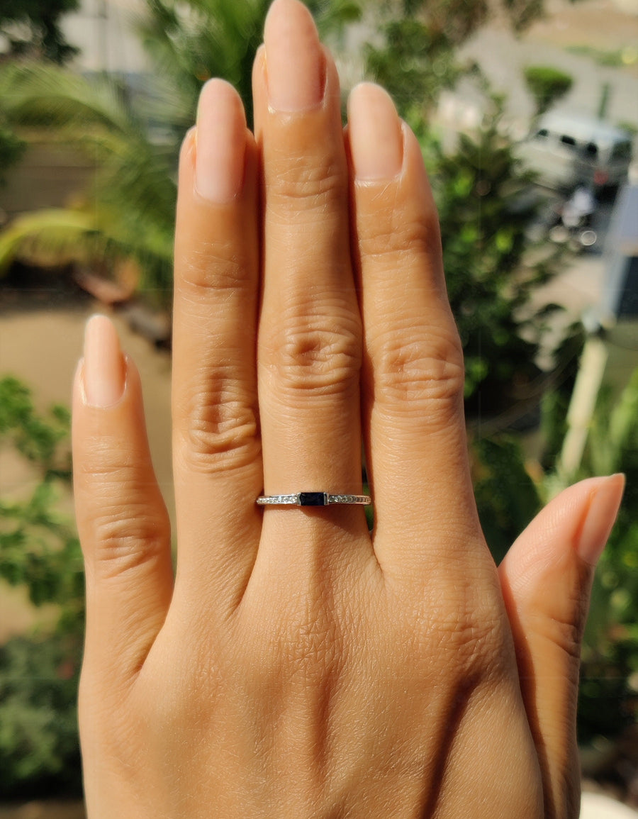 Sapphire Splendor: Minimalist Gold Baguette Stacking Ring - Dainty September Birthstone Beauty - Blue Gemstone Elegance for Women