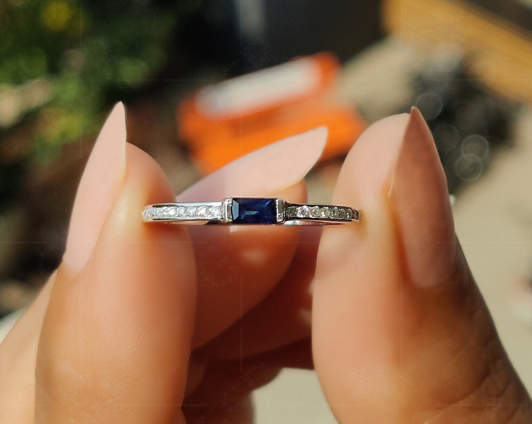 Sapphire Splendor: Minimalist Gold Baguette Stacking Ring - Dainty September Birthstone Beauty - Blue Gemstone Elegance for Women