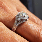 Art Deco Style Moissanite Ring Women, Vintage Round Halo Engagement Ring, Split Shank Ring, Unique Simulate Diamond Ring For Engagement